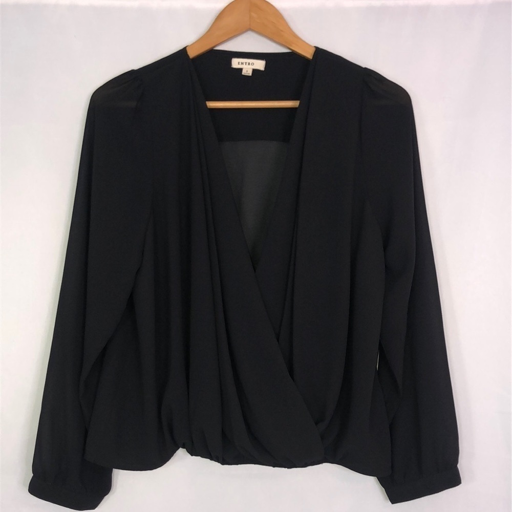 ENTRO Cross Front Sheer Long Sleeve Black Blouse Size S